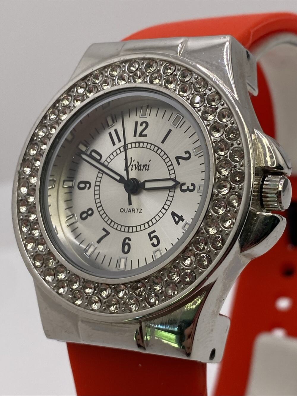 Vivani Womens Red Rubber Rhinestone Watch Works New Battery